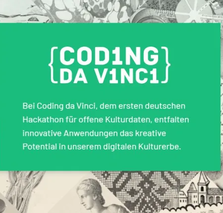 Logo von Coding da Vinci vor Hintergrund aus Bildkacheln mit historischen Abbildungen von Pflanzen, Architektur und Landschaften
