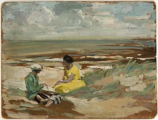 Gemälde von zwei Frauen am Strand in den Dünen